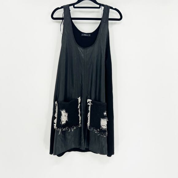 Zara Tops - Zara Knit Tunic Tank Top Womens Size M Black Distressed Pocket Scoop Neck